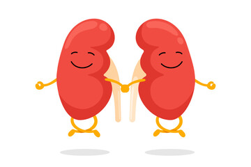 Cute healthy human kidneys characters relaxation meditate. Funny kidney mascot meditation in lotus yoga pose. Cartoon genitourinary system internal organ good condition. Insides calm and relax. Vector