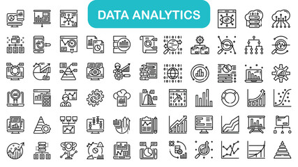 Fototapeta na wymiar Big data analysis thin line icon set. Growth, Data processing outline pictograms for website and mobile app GUI. Digital analytics simple UI, UX vector icons. Lines with editable stroke