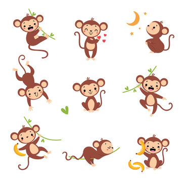 Cute Playful Monkey with Long Tail Hanging on Liana with Banana Vector Set