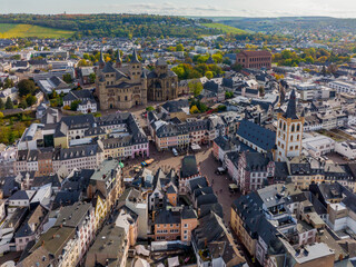 Aerial Drone Shot of the City Center in Trier, Rheinland-Pfalz. Autumn day in Famous German city - obrazy, fototapety, plakaty