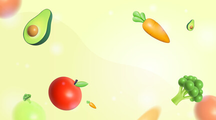 banner falling vegetables 3d Set Vector 3d of Carrot, avocado, broccoli, apple Fresh vegetable
