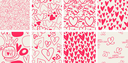 Set of 8 elegant seamless patterns with hand drawn decorative hearts, design elements. Romantic patterns for wedding invitations, greeting cards, scrapbooking, print, gift wrap. Valentines day - obrazy, fototapety, plakaty