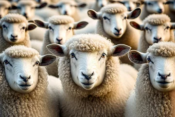 Fotobehang Flock of sheep staring in the same direction. Generative AI. © eyetronic
