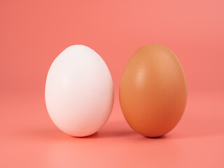 Chicken eggs on a pink background. White and brown egg on a pink background.