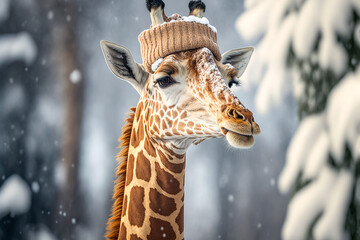 Giraffe wearing a warm winter hat during snowfall. Generative AI.