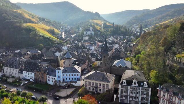 Aerial Drone Shot of Trarbach in autumn Traben-Trarbach City with Morning Fog. River Moselle, Germany. Moselland.