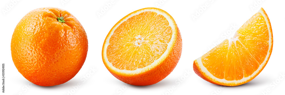 Wall mural orange isolated. orange fruit set: whole, half and slice on white background. orang collection. full