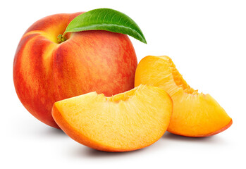 Peach isolated. Whole peach with a slice on white background. Peach fruit with leaf and cut pieces. With clipping path. Full depth of field.