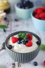 A bowl with Greek yogurt with berries	