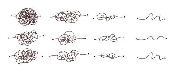 Simple line and complex easy way. Scribble doodle chaos mindset. Problem solving, difficult line. Vector hand drawn concept path