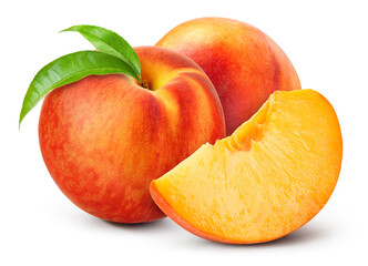 Peach isolated. Whole peaches with a slice on white background. Peach fruit with leaf and cut...