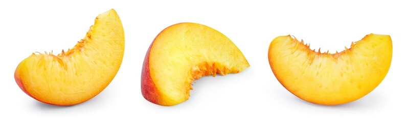 Peach slice isolated. Peach slices collection on white background. Peach pieces set with clipping path. Full depth of field.