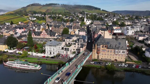 Aerial Drone Shot of Trarbach in autumn Traben-Trarbach City with Morning Fog. River Moselle, Germany. Moselland.