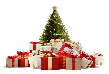 many Christmas gifts, pile of Christmas presents and a green decorated Christmas tree, green fir, 3d-illustration