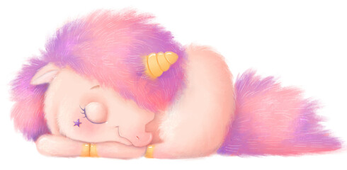 Illustration of a cute cartoon little unicorn sleeping, transparent background, png
