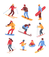 Fototapeta na wymiar Winter sport activities. Vector set of characters people, ski and snowboard riders, man and woman, tubing children in the ski resort. Skiing, snowboarding vacation concept. Christmas family weekends