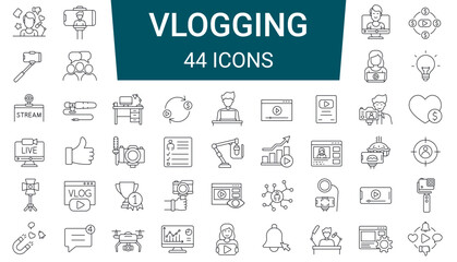 Set of 44 line icons. Vlogging, Blog, Blogger, Influencer and video equipment. Editable stroke