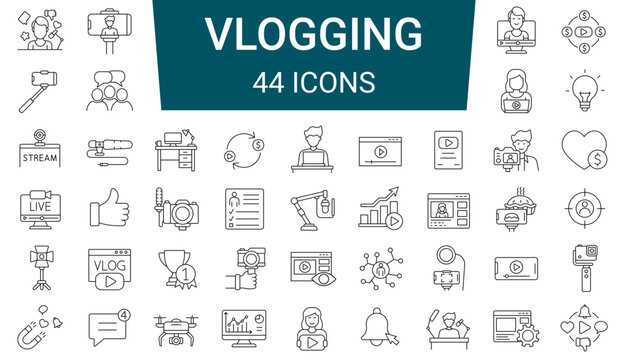 Set of 44 line icons. Vlogging, Blog, Blogger, Influencer and video equipment. Editable stroke