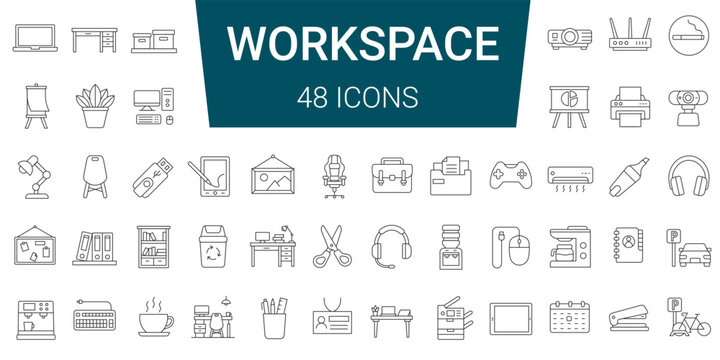Set of 48 line icons. Workspace and office. Equipment and furniture. Editable stroke