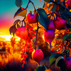 Fototapeta na wymiar Delicious fruit growing during golden hour