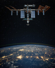 The International Space Station orbiting planet Earth and moon. Scientific space exploration using a space station. Elements of this image furnished by NASA.