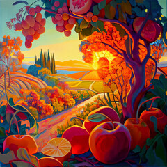 Delicious fruit growing during golden hour