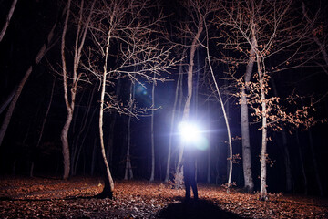 A man holding a bright flashlight in a dark forest