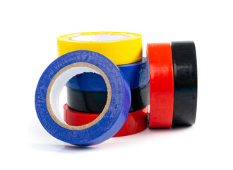 Electrical Tape Isolated, Plastic Duct Tape Rolls, Colored Adhesive Tapes on White Background