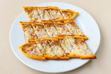 Kiymali pide. Turkish pide with minced meat. Turkish pizza mince pita Pide on white background. Etli ekmek. Kusbasili pide.