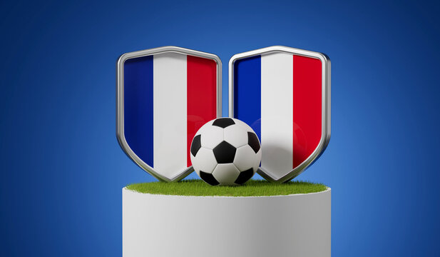 France flag soccer shield with football ball on a grass podium. 3D Rendering
