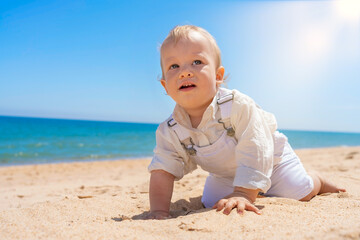 A small child boy crawls on the sand on the beach. Sunny day happy childhood concept.