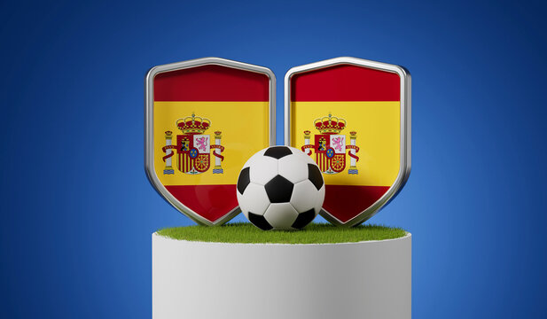 Spain flag soccer shield with football ball on a grass podium. 3D Rendering