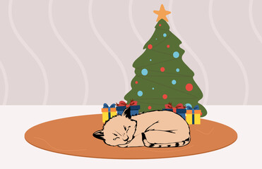 Cute cat sleeps on a rug under the Christmas tree. Sleeping cat under the Christmas tree. New Year concept. Merry christmas and happy new year. Vector illustration eps10.