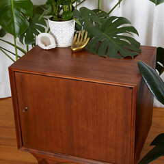 Nightstand, unique mid-century modern design. Restored wooden bedroom furniture. On display in front of a white curtain with lively houseplants. 