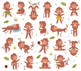 Funny happy baby monkey in different poses. Cute African tropical animal cartoon character vector illustration