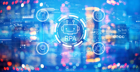 Robotic Process Automation RPA theme with blurred city lights at night