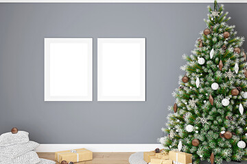 	
Christmas white frame mockup and christmas tree