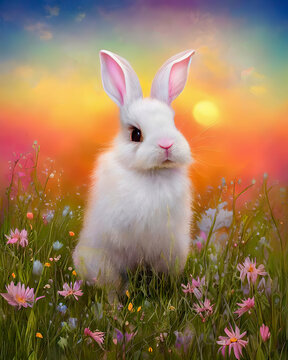 Cute little bunny rabbit in a field of flowers at sunrise sunset.. Background illustration, digital matte painting, generative ai