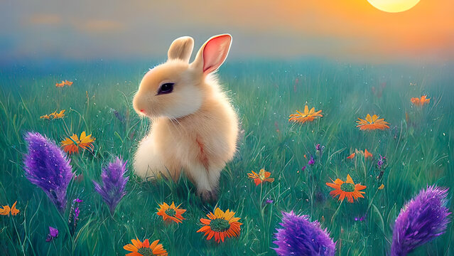 Cute little bunny rabbit in a field of flowers. Background illustration, digital matte painting, generative ai