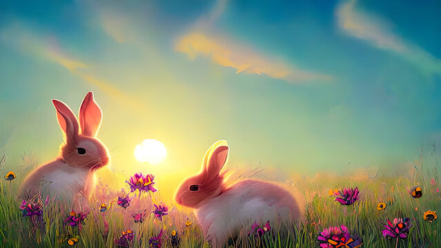Two cute little bunny rabbits in a field of flowers at sunset sunrise.. Background illustration, digital matte painting, generative ai