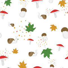 Seamless pattern with an autumn motif. Forest atmosphere. Vector illustration of snail, toadstool, leaves,mushrooms. Graphic design for children. Natural print, packaging template, textiles, wallpaper