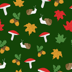 Seamless pattern with an autumn motif. Forest atmosphere. Vector illustration of snail, toadstool, leaves and acorn. Graphic design for children. Natural print, packaging template, textiles, wallpaper