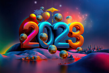 Happy New Year 2023 Backdrop Background Cover Digital Art with Generative AI Technology - obrazy, fototapety, plakaty