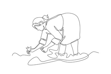 Continuous one line drawing Woman farmer is planting rice in the paddy field. Agriculture concept. Single line draw design vector graphic illustration.