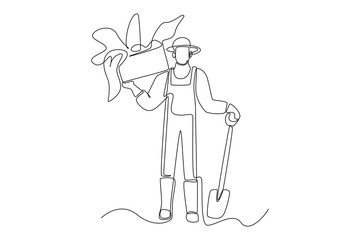Continuous one line drawing male farmer with hoe carrying vegetable harvest. Agriculture concept. Single line draw design vector graphic illustration.