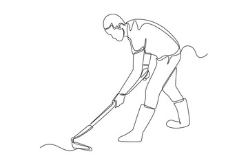 Continuous one line drawing gardener working soil with hoe in garden. Farmer digging with hand tool. Agriculture concept. Single line draw design vector graphic illustration. - obrazy, fototapety, plakaty