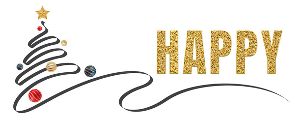 happy in Happy New Year banner template with copy space. light bulbs and stars. Winter Holiday card concept. Christmas Tree With Baubles.