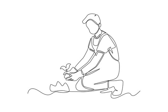 recommend clip art: Continuous one line drawing Boy farmer planting plant shoots in the ground. Agriculture concept. Single line draw design vector graphic illustration.