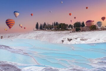 Hot air balloon flying Pamukkale Travertine pool and terraces sunset, travel Turkey