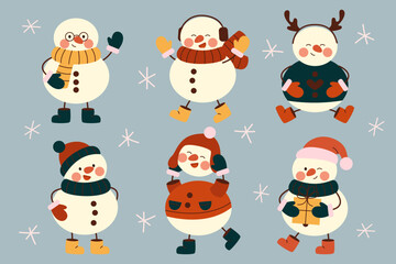 Set of cute christmas snowmens in warm hats, scarves, mittens. Cheerful snowmen in different costumes with gift, deer horns and legs in boots. Winter holidays snow men. Merry Xmas. Flat vector.